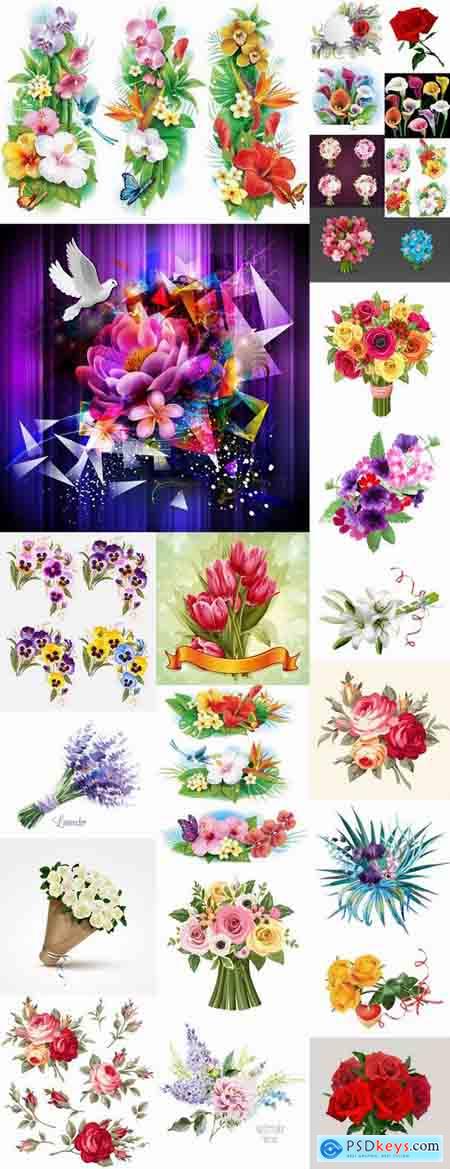 Flowers bouquet of roses painted tulip vase Orchid Carnation 25 EPS