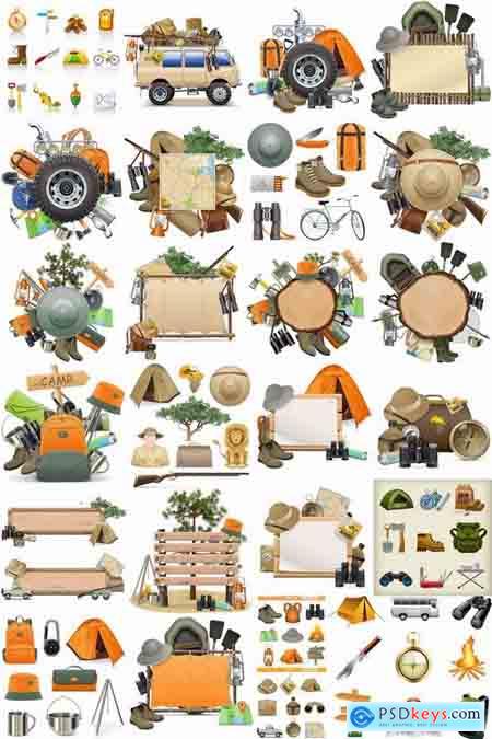 Hunting tourism travel outfit items icon vector image 25 EPS
