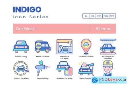 70 Car Wash Icons Indigo Series