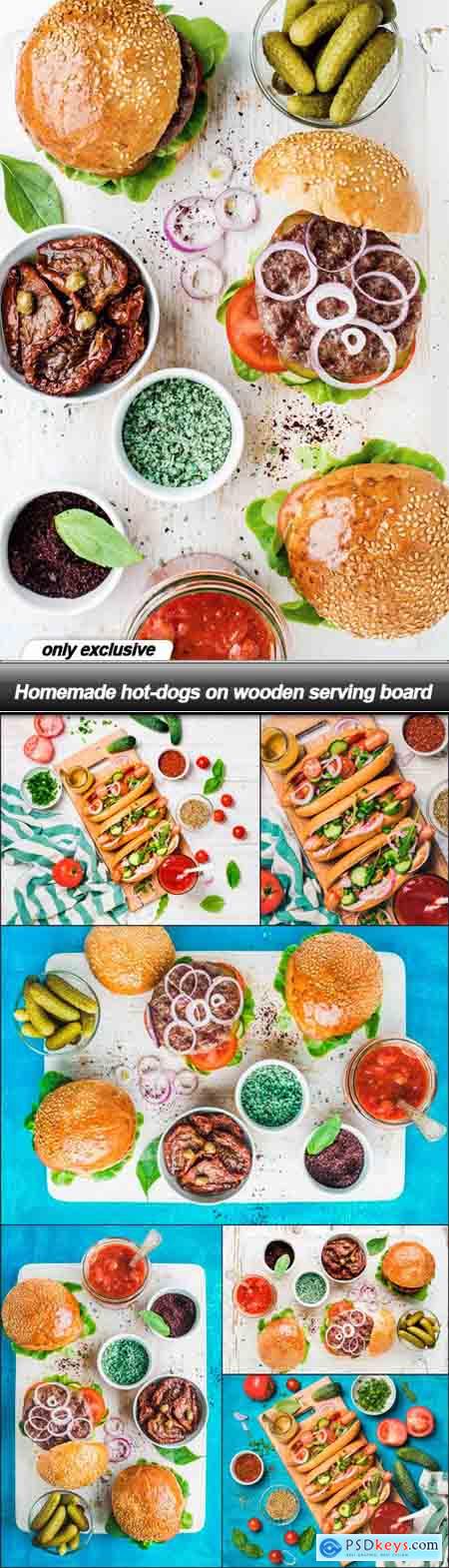 Homemade hot-dogs on wooden serving board - 7 UHQ JPEG