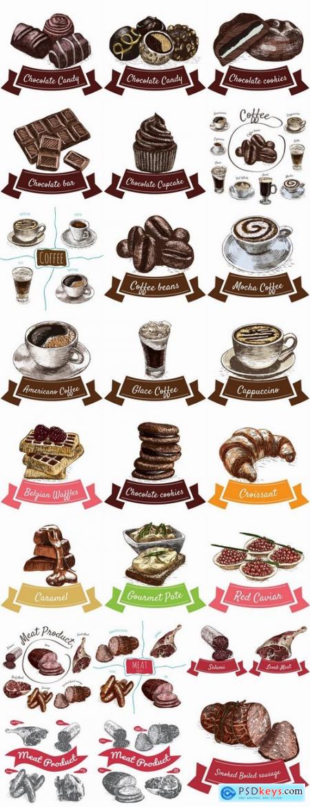 Meat chocolate coffee drink cocktail drawn vector illustration picture 25 EPS