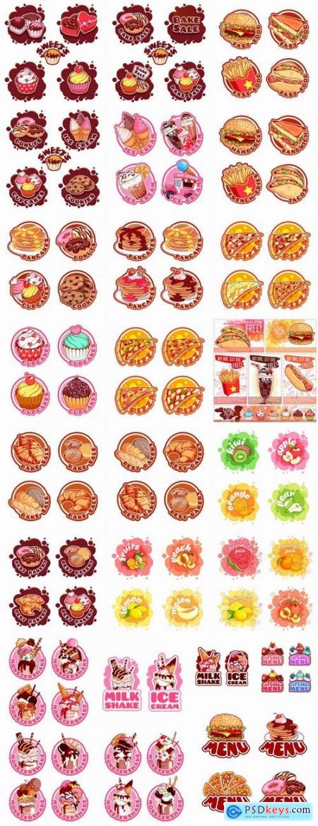 Menu food sticker sweet cake pizza burger fast food 25 EPS