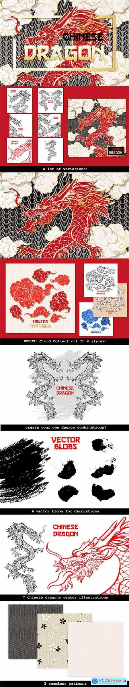 Chinese Dragon Vector Illustrations, Clouds and Patterns