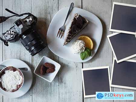 Camera and food on wooden table with four pictures Mockup