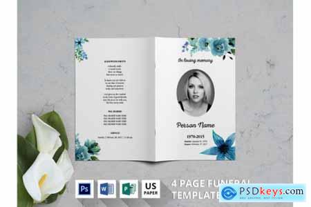 Blue watercolor flower funeral program template