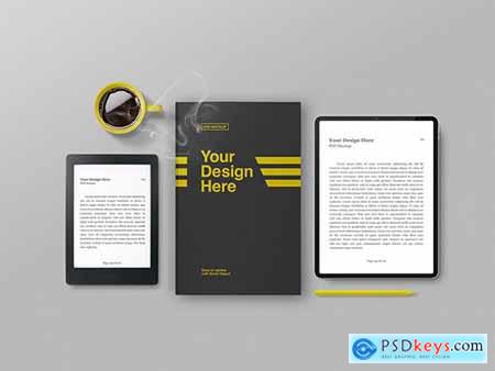 Ereader, Tablet, and Book Cover with Coffee Cup Mockup
