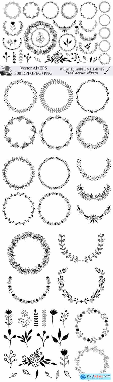 Hand Drawn Wreaths and Elements Clipart