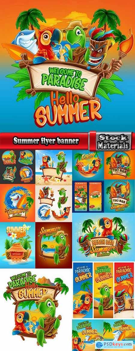 Summer flyer banner with cartoon character sea sun travel day vacation 16 EPS