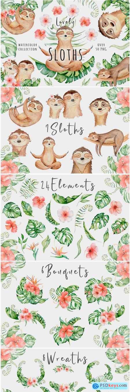 Creativemarket Lovely Sloths Watercolor Set 3590977