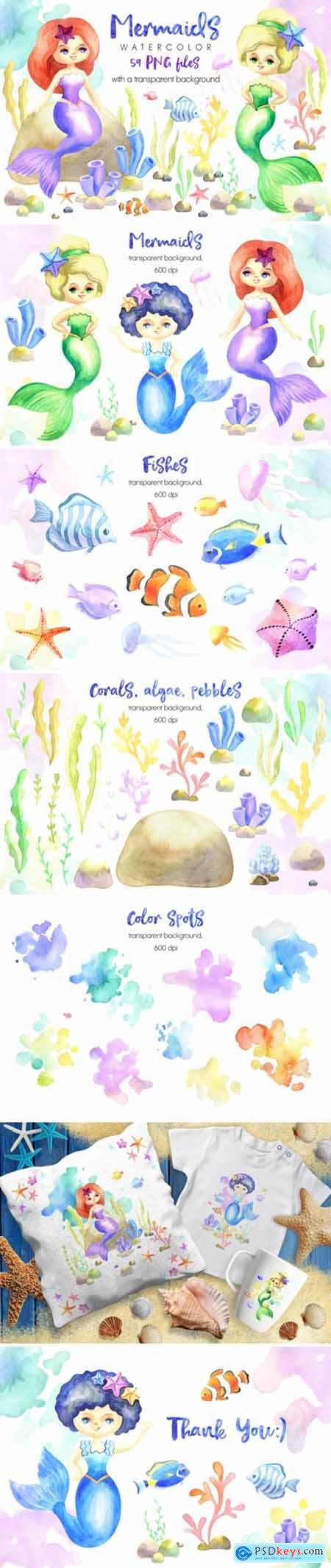 Mermaids Watercolor Cliparts Set