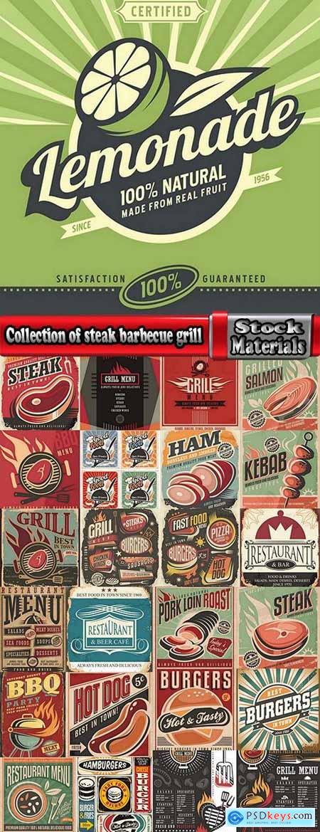 Collection of steak barbecue grill meal menu poster restaurant 25 EPS