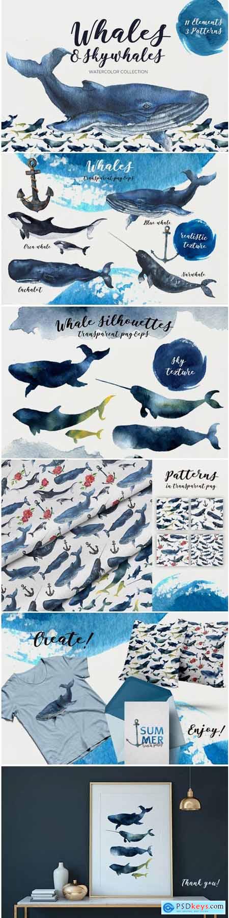 Creativemarket Whales and Skywhales. Watercolor 1473208