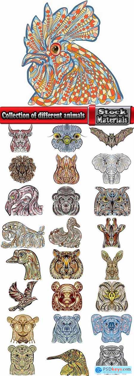Collection of different animals elephant cock ostrich parrot lion bull ethnic themes 25 EPS