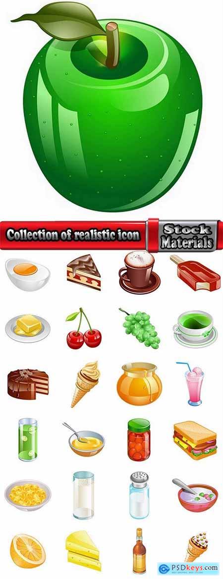 Collection of realistic icon picture food fruit meat milk bottle honey 25 EPS