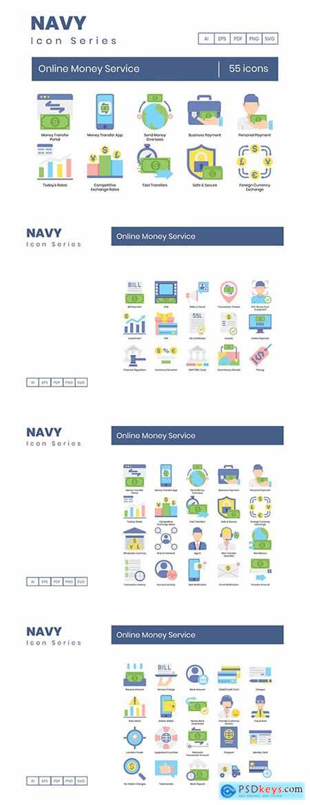 55 Online Money Service Icons Navy Series