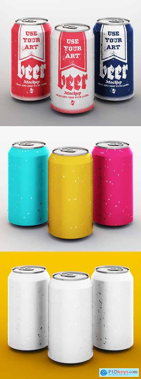 3 Beverage Cans Matte Product Packaging Design Mockup