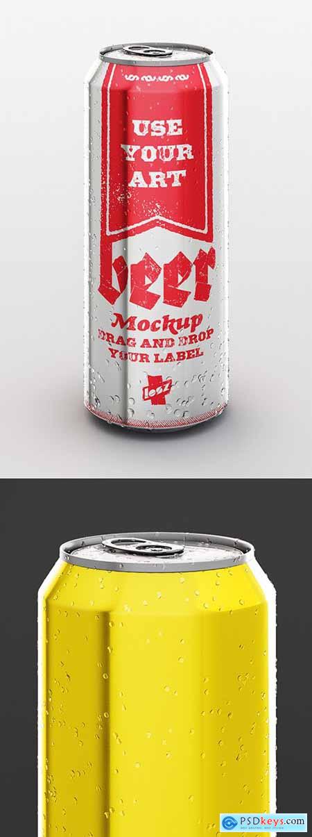 Beverage Can with Water Drops Mockup