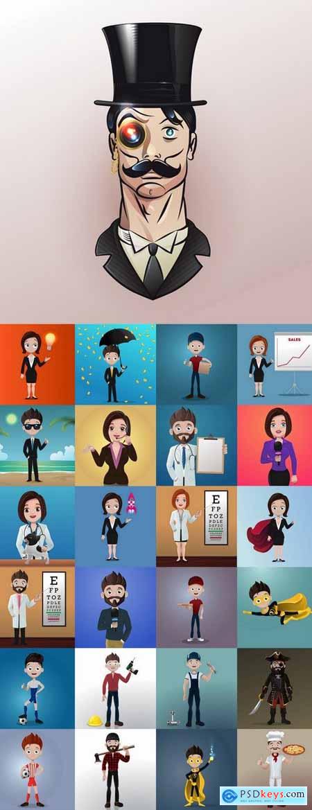 Collection of different cartoon doctor profession builder businessman pirate 25 EPS