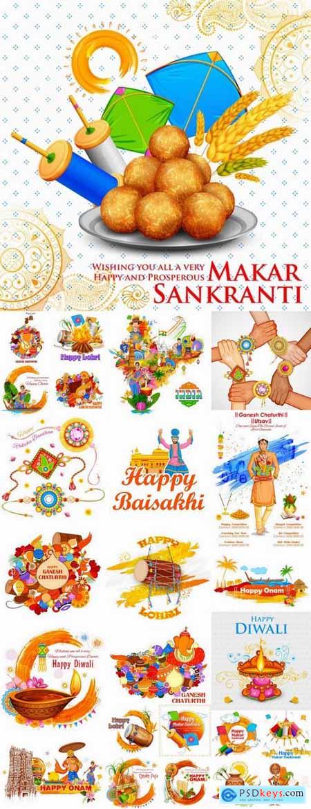 Collection Indian god holiday icon vector illustration Indian flag ethnic culture 25 EPS