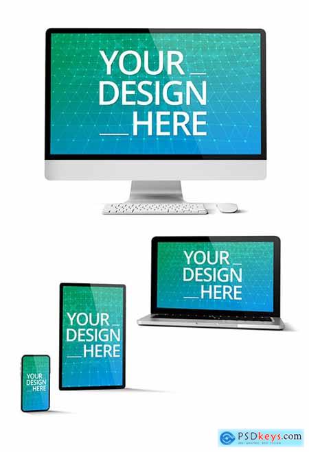 Computer, Laptop, and Mobile Devices on White Mockup