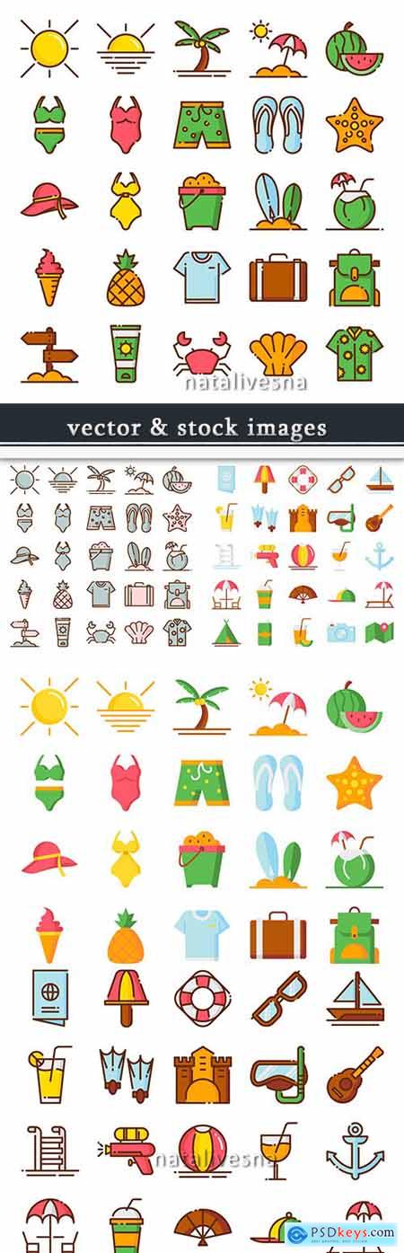 Summer beach holiday icons collection flat style