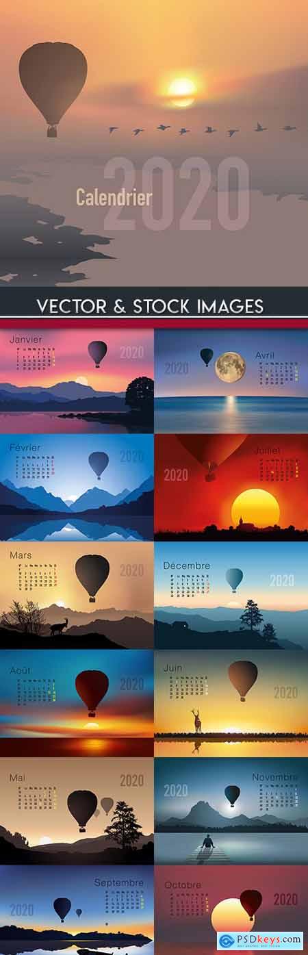 Calendar 2020 design French landscape and balloon