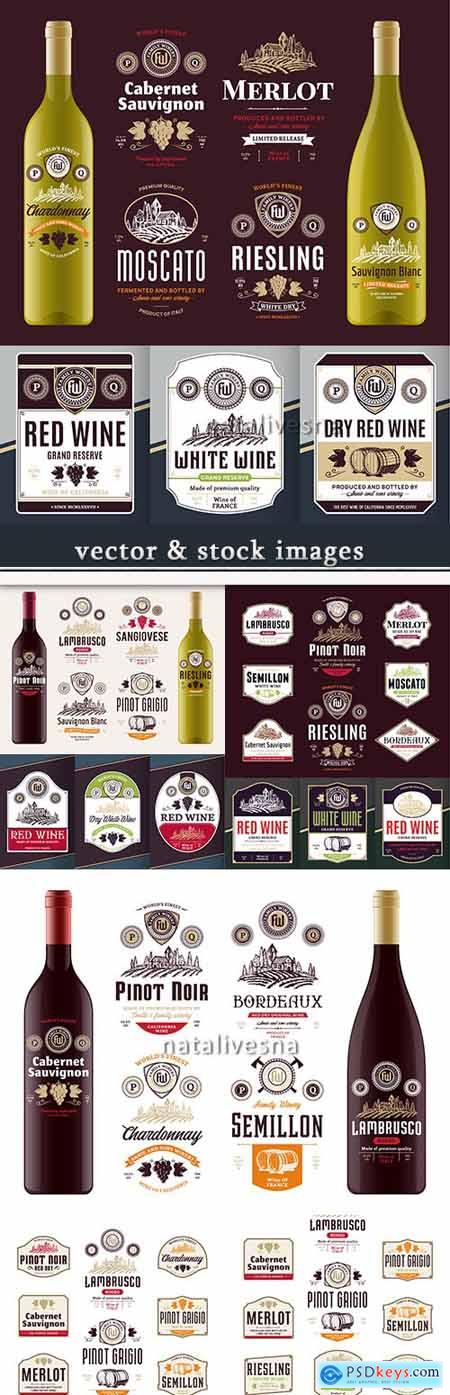 Vintage red and white wine labels bottle mockups