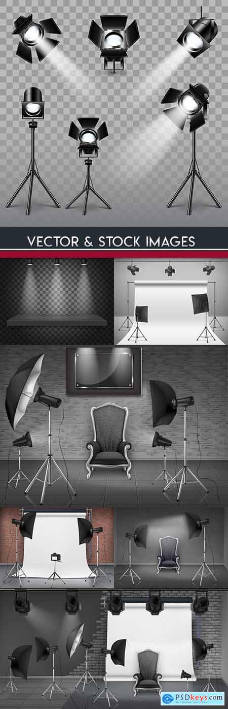 Photo studio searchlights and realistic light lamps design