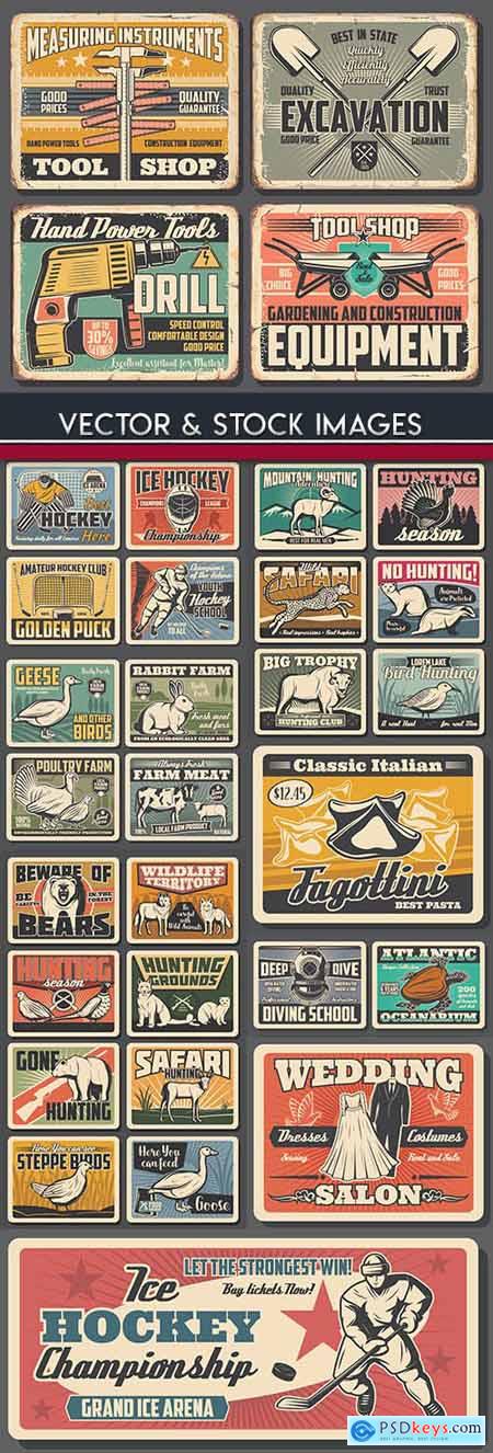Animals and objects different elements vintage poster