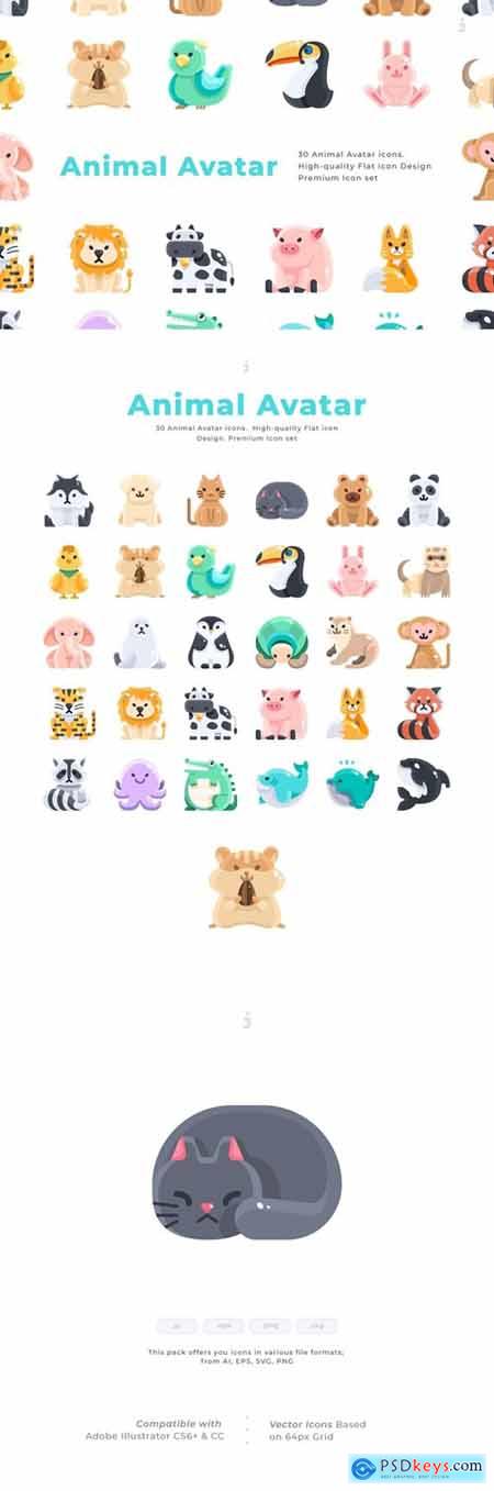 30 Animal Avatar Icons - Flat