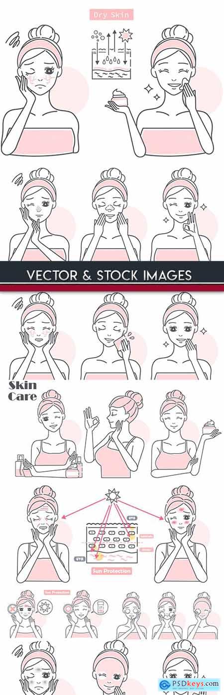 Girl beauty care of body and face cartoon illustration