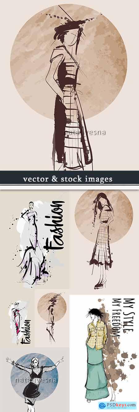 Fashionable girls decorative silhouette vector sketch