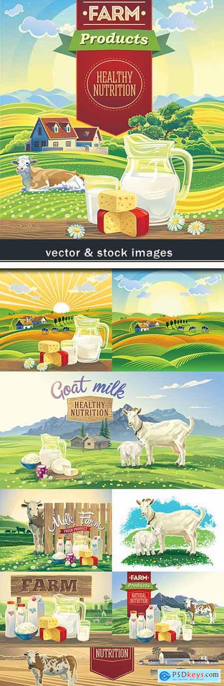 Farm useful milk of goat and cow summer landscape