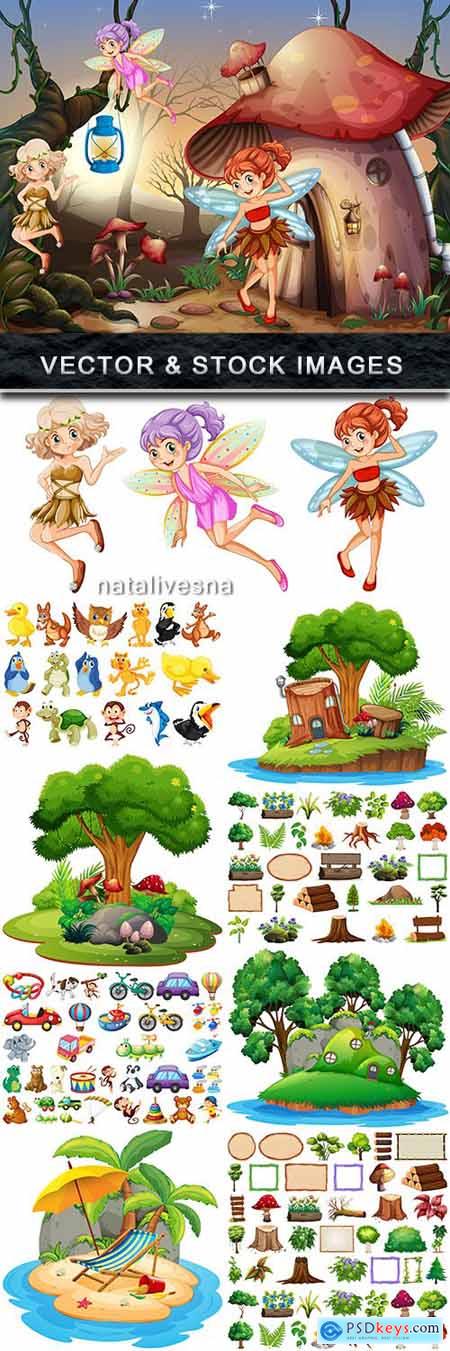Fantastic trees animal and toys illustration for children