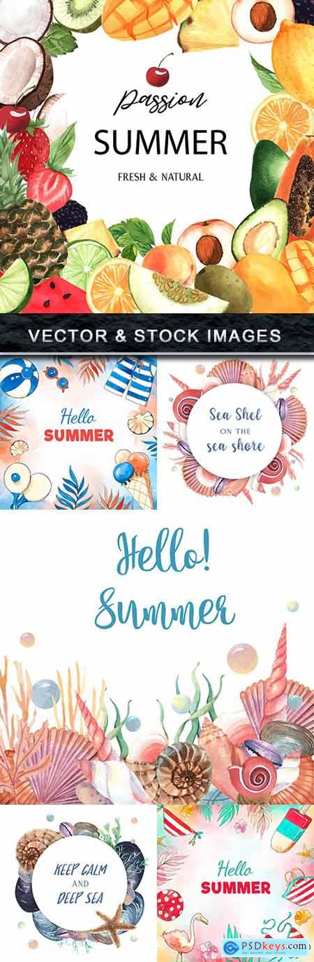 Summer background watercolor fruit and seashells