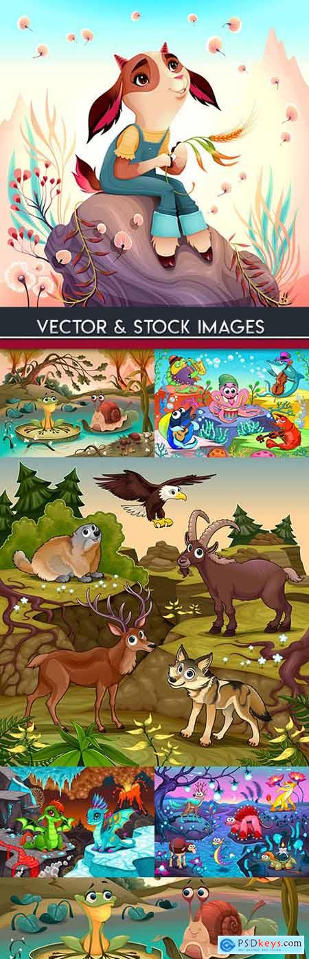 Funny cartoon animals and fantastic landscape illustrations