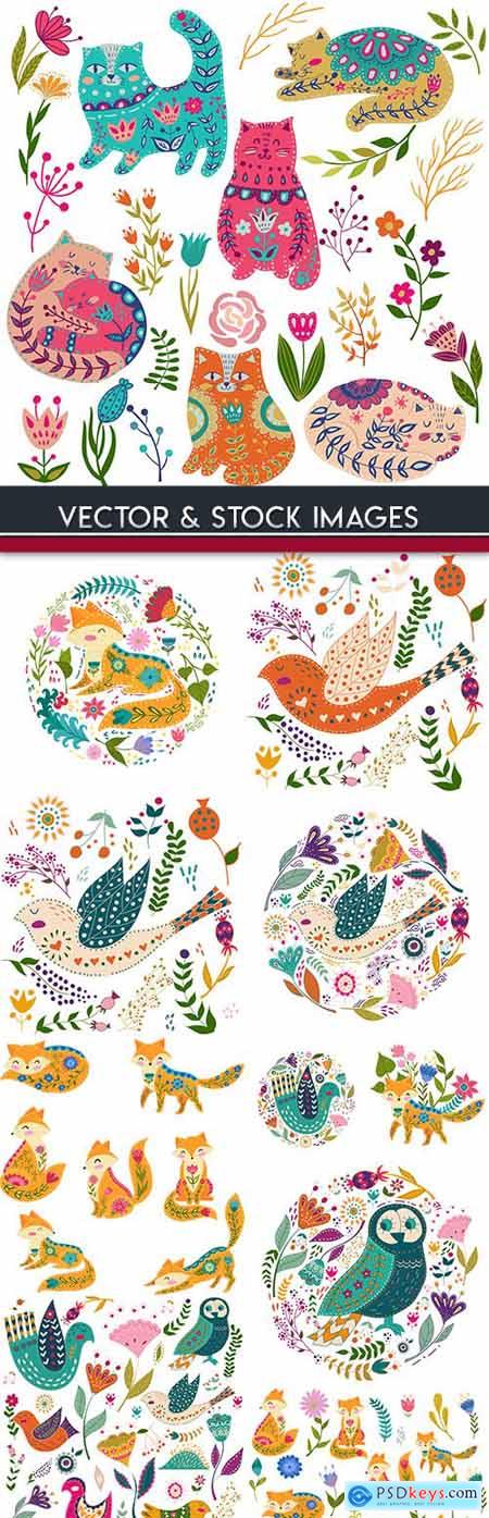 Birds and animals with decorative flowers for design