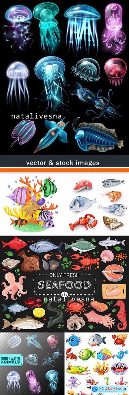 Sea small fishes set cartoon of illustrations