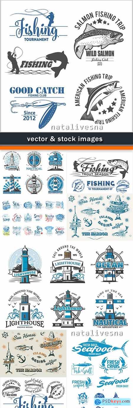 Fishing light beacon and seafood of label design