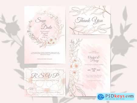 Wedding Invitation Set Elegant Outlined Floral Watercolor Background