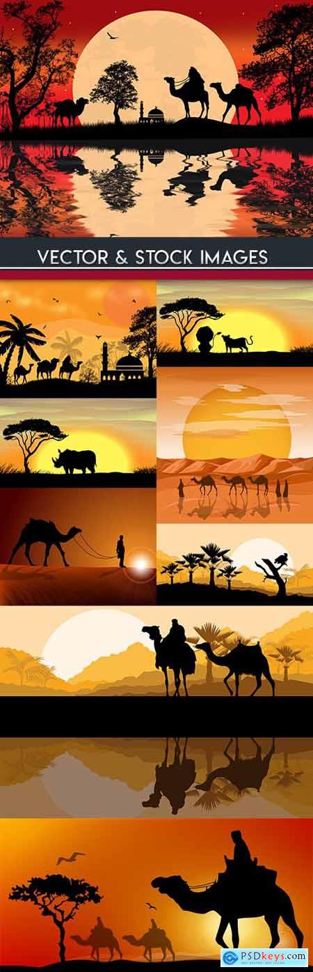 African desert of palm tree and animals night landscape