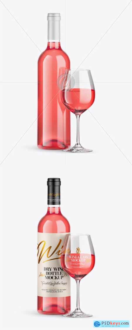 Clear Pink Wine Bottle w Glass Mockup 39860