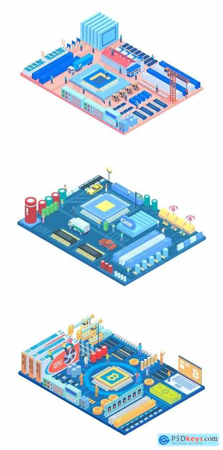 Isometric Urban City in a Circuit Board Vector