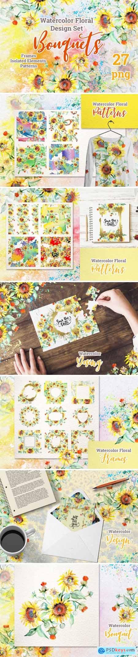 Watercolor Bouquets with Sunflowers PNG 1593462