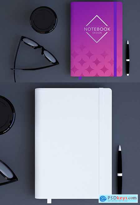 Notebook with Elastic Tie Mockup with Glasses and Cup 263957288