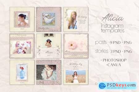 Alicia Instagram Templates - 9 posts and 3 stories. PSD + PNG
