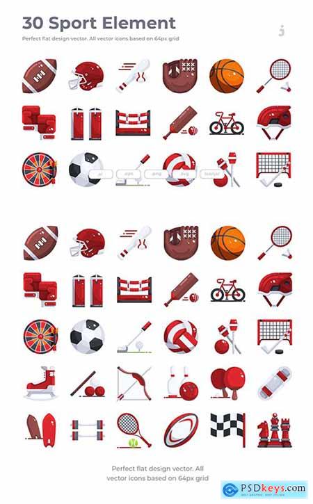 30 Sport Element Icons - Flat