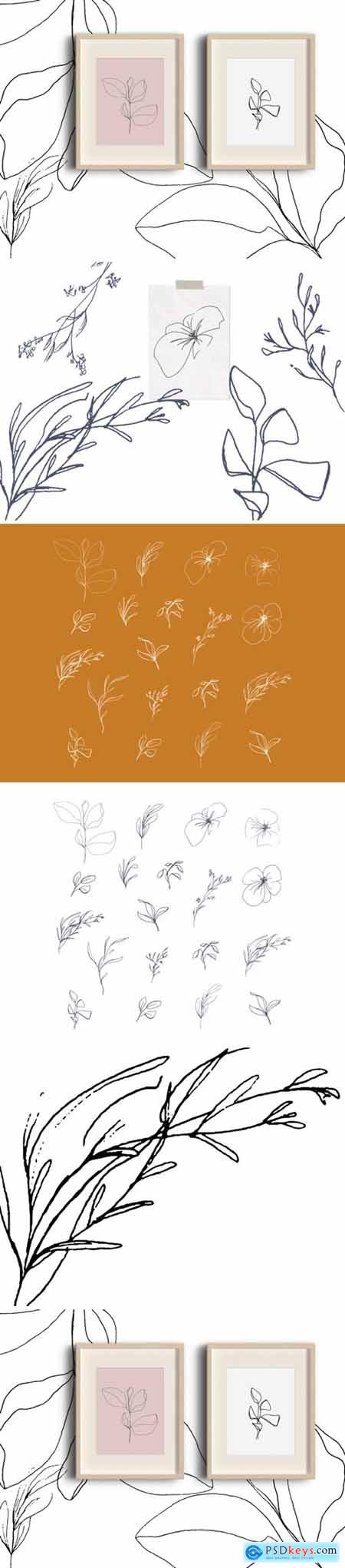 Floral pencil drawing one line art elements, Vector