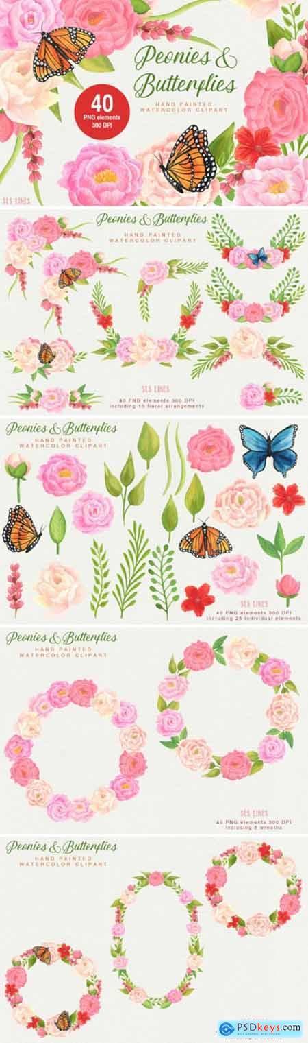 Peonies & Butterflies Watercolor Clipart 1686927