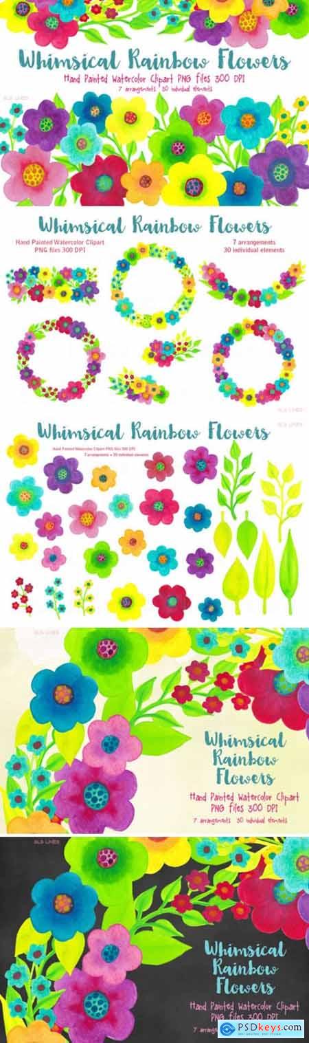 Rainbow Whimsy Flowers, Watercolor PNGs 1686950